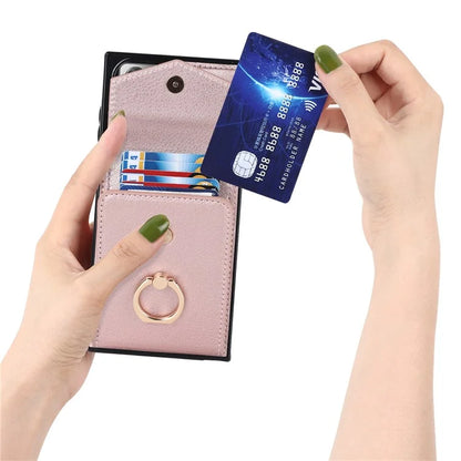 For Samsung Galaxy Note20 Ultra 5G / Note20 Ultra Cover Ring Kickstand Card Bag PU+TPU Cell Phone Case