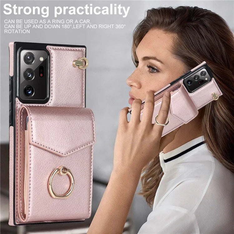 For Samsung Galaxy Note20 Ultra 5G / Note20 Ultra Cover Ring Kickstand Card Bag PU+TPU Cell Phone Case