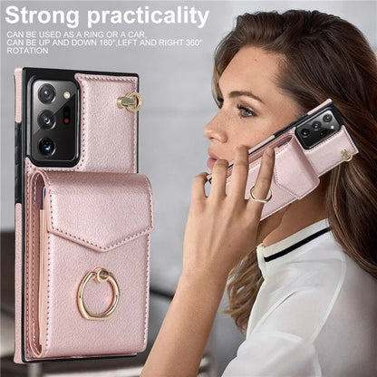 For Samsung Galaxy Note20 Ultra 5G / Note20 Ultra Cover Ring Kickstand Card Bag PU+TPU Cell Phone Case