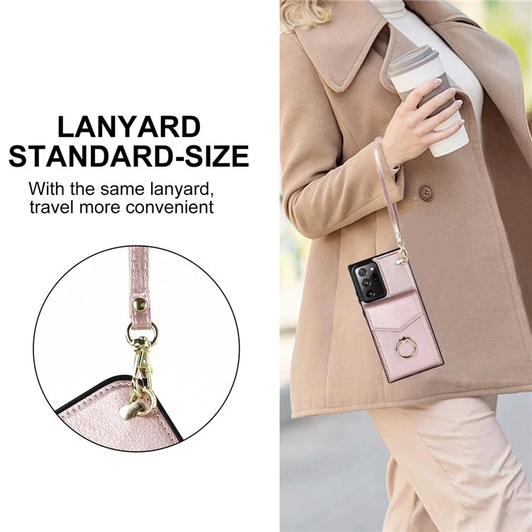 For Samsung Galaxy Note20 Ultra 5G / Note20 Ultra Cover Ring Kickstand Card Bag PU+TPU Cell Phone Case