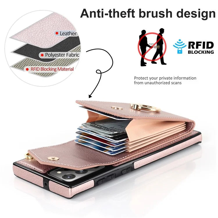 For Samsung Galaxy Note20 Ultra 5G / Note20 Ultra Cover Ring Kickstand Card Bag PU+TPU Cell Phone Case