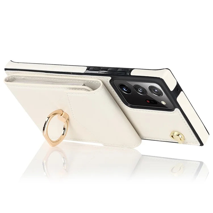For Samsung Galaxy Note20 Ultra 5G / Note20 Ultra Cover Ring Kickstand Card Bag PU+TPU Cell Phone Case