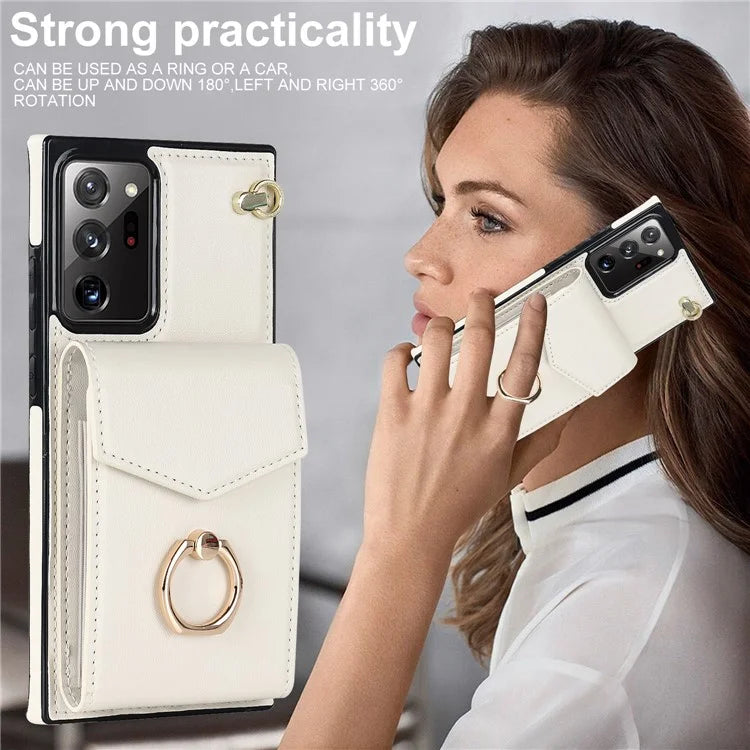 For Samsung Galaxy Note20 Ultra 5G / Note20 Ultra Cover Ring Kickstand Card Bag PU+TPU Cell Phone Case