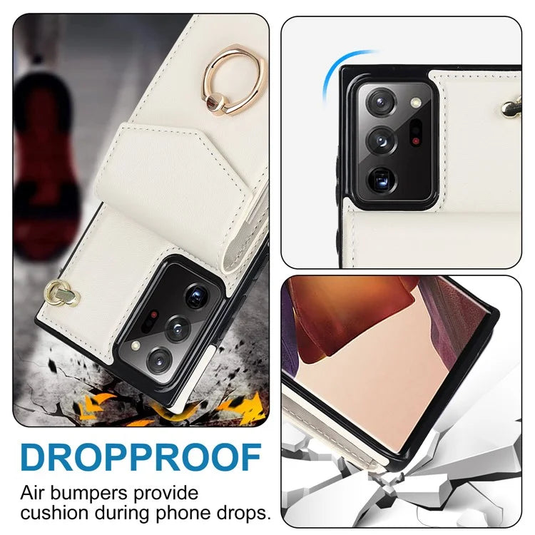 For Samsung Galaxy Note20 Ultra 5G / Note20 Ultra Cover Ring Kickstand Card Bag PU+TPU Cell Phone Case