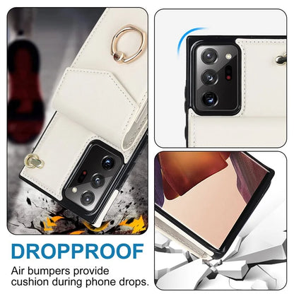 For Samsung Galaxy Note20 Ultra 5G / Note20 Ultra Cover Ring Kickstand Card Bag PU+TPU Cell Phone Case
