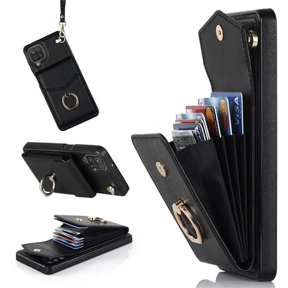For Samsung Galaxy A12 Cell Phone Case PU Leather+TPU Ring Kickstand Cover with Card Holder