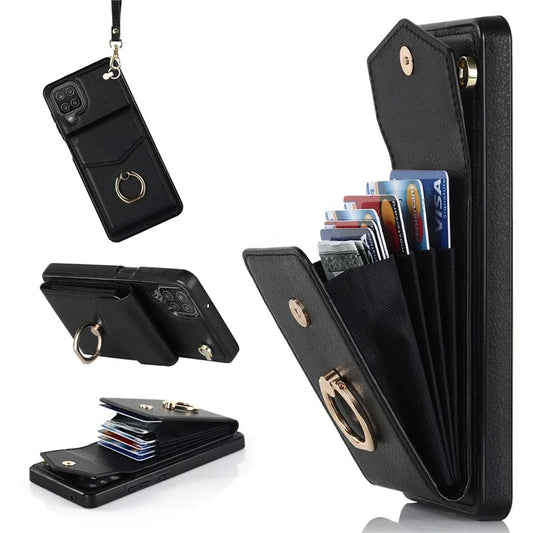 For Samsung Galaxy A12 Cell Phone Case PU Leather+TPU Ring Kickstand Cover with Card Holder