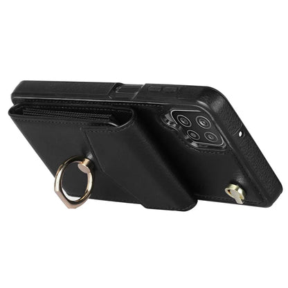 For Samsung Galaxy A12 Cell Phone Case PU Leather+TPU Ring Kickstand Cover with Card Holder
