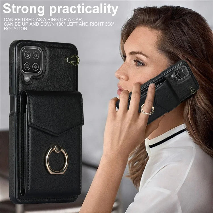 For Samsung Galaxy A12 Cell Phone Case PU Leather+TPU Ring Kickstand Cover with Card Holder