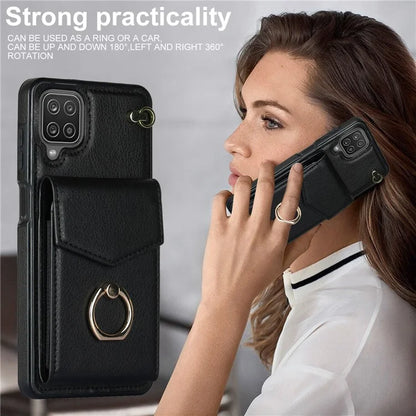 For Samsung Galaxy A12 Cell Phone Case PU Leather+TPU Ring Kickstand Cover with Card Holder