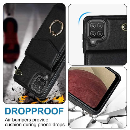 For Samsung Galaxy A12 Cell Phone Case PU Leather+TPU Ring Kickstand Cover with Card Holder