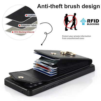 For Samsung Galaxy A12 Cell Phone Case PU Leather+TPU Ring Kickstand Cover with Card Holder