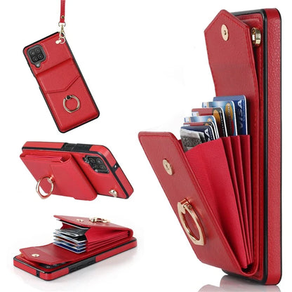 For Samsung Galaxy A12 Cell Phone Case PU Leather+TPU Ring Kickstand Cover with Card Holder