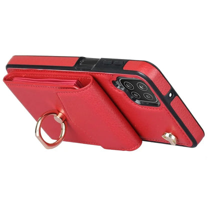For Samsung Galaxy A12 Cell Phone Case PU Leather+TPU Ring Kickstand Cover with Card Holder