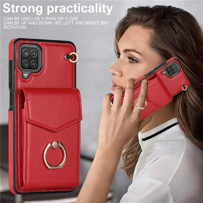 For Samsung Galaxy A12 Cell Phone Case PU Leather+TPU Ring Kickstand Cover with Card Holder