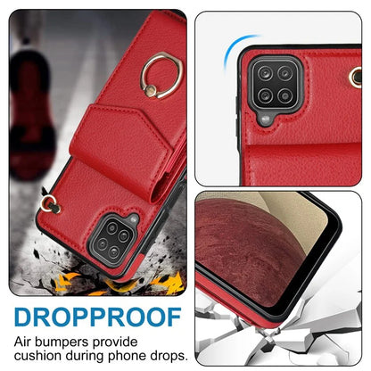 For Samsung Galaxy A12 Cell Phone Case PU Leather+TPU Ring Kickstand Cover with Card Holder