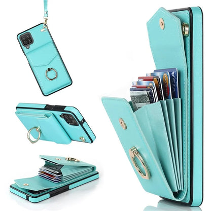 For Samsung Galaxy A12 Cell Phone Case PU Leather+TPU Ring Kickstand Cover with Card Holder