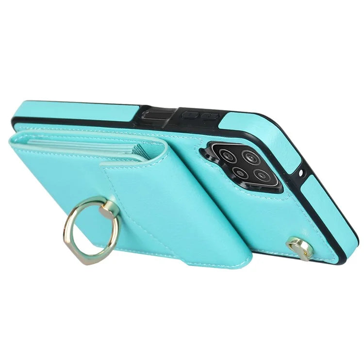 For Samsung Galaxy A12 Cell Phone Case PU Leather+TPU Ring Kickstand Cover with Card Holder