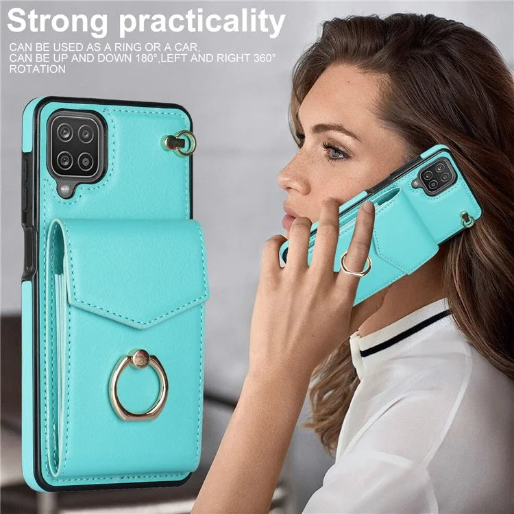 For Samsung Galaxy A12 Cell Phone Case PU Leather+TPU Ring Kickstand Cover with Card Holder