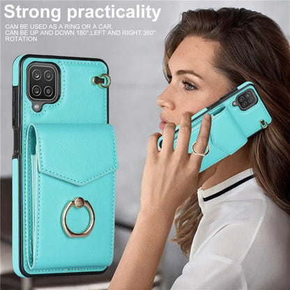 For Samsung Galaxy A12 Cell Phone Case PU Leather+TPU Ring Kickstand Cover with Card Holder