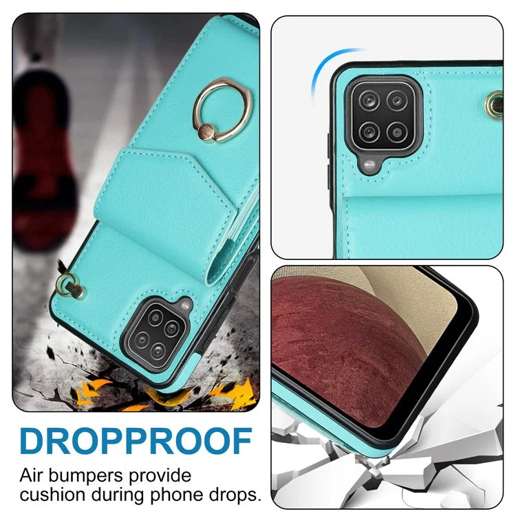 For Samsung Galaxy A12 Cell Phone Case PU Leather+TPU Ring Kickstand Cover with Card Holder