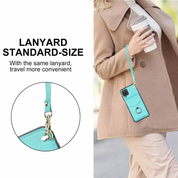For Samsung Galaxy A12 Cell Phone Case PU Leather+TPU Ring Kickstand Cover with Card Holder