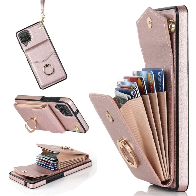 For Samsung Galaxy A12 Cell Phone Case PU Leather+TPU Ring Kickstand Cover with Card Holder