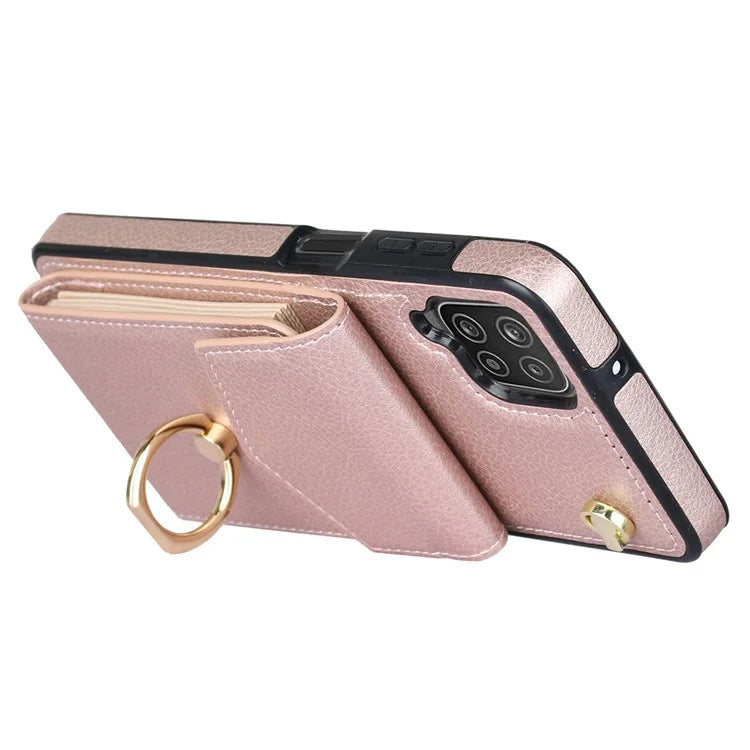 For Samsung Galaxy A12 Cell Phone Case PU Leather+TPU Ring Kickstand Cover with Card Holder