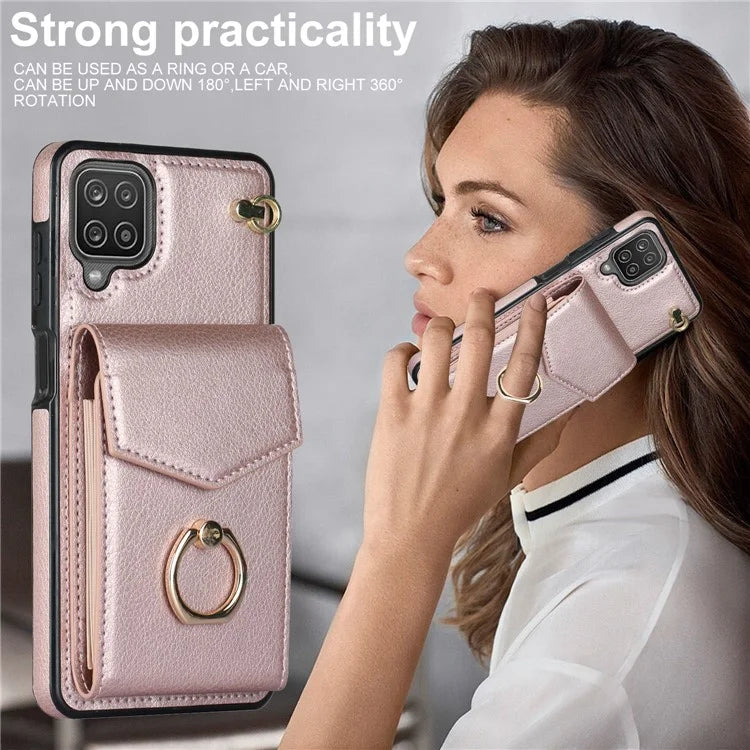 For Samsung Galaxy A12 Cell Phone Case PU Leather+TPU Ring Kickstand Cover with Card Holder