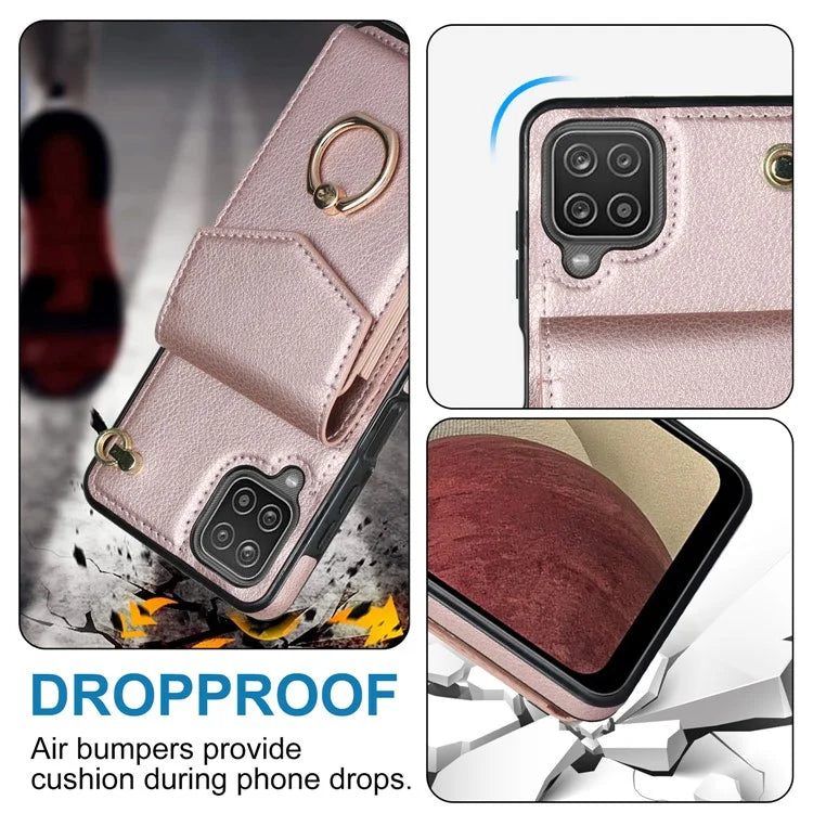 For Samsung Galaxy A12 Cell Phone Case PU Leather+TPU Ring Kickstand Cover with Card Holder