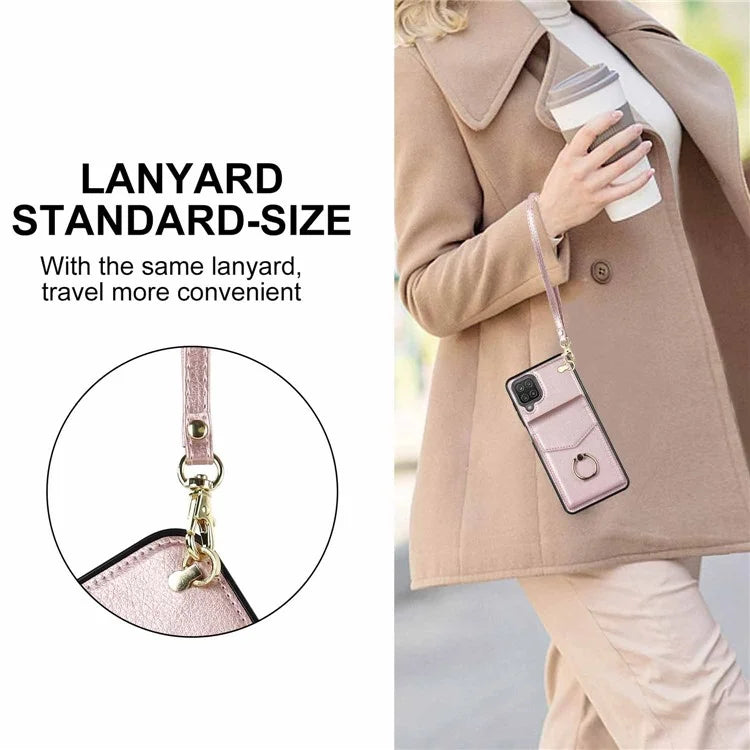 For Samsung Galaxy A12 Cell Phone Case PU Leather+TPU Ring Kickstand Cover with Card Holder