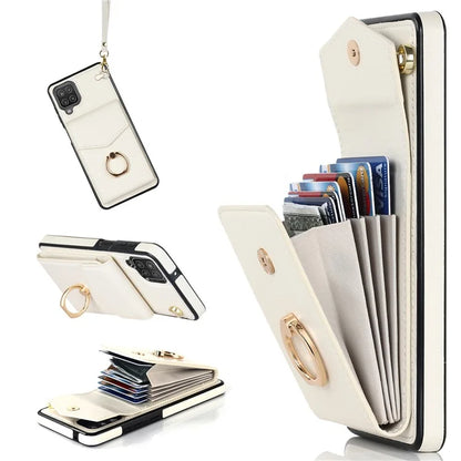 For Samsung Galaxy A12 Cell Phone Case PU Leather+TPU Ring Kickstand Cover with Card Holder
