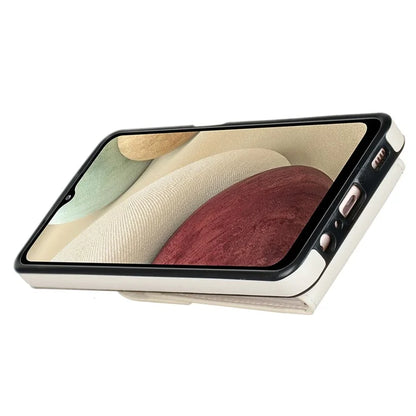 For Samsung Galaxy A12 Cell Phone Case PU Leather+TPU Ring Kickstand Cover with Card Holder