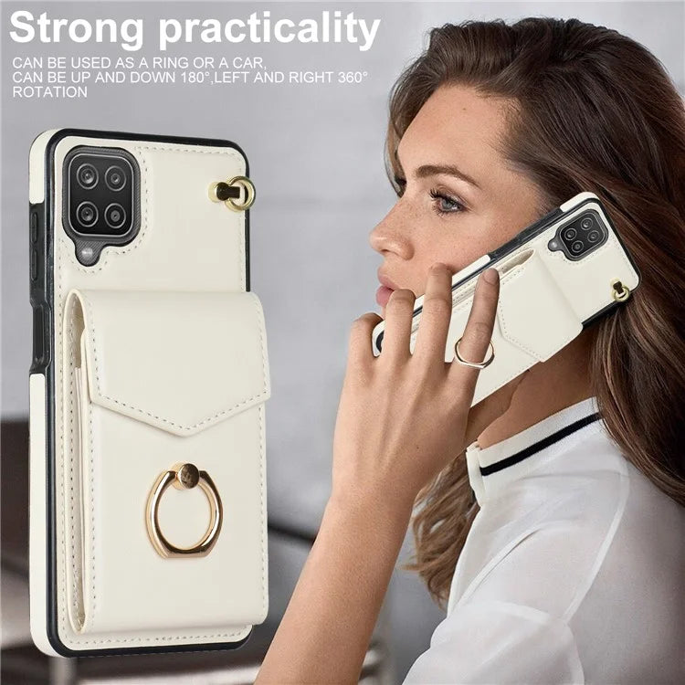For Samsung Galaxy A12 Cell Phone Case PU Leather+TPU Ring Kickstand Cover with Card Holder