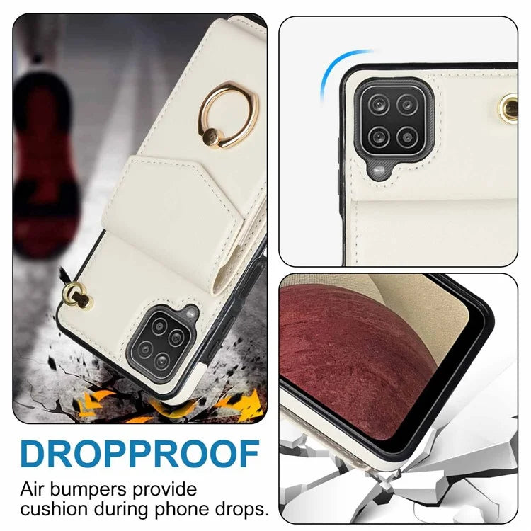 For Samsung Galaxy A12 Cell Phone Case PU Leather+TPU Ring Kickstand Cover with Card Holder