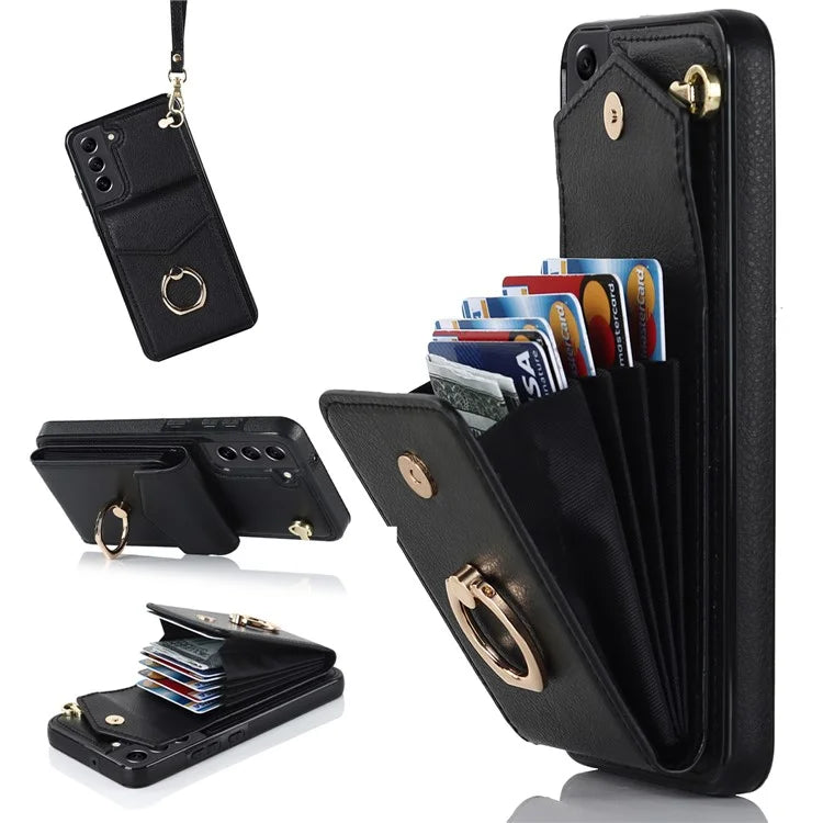 For Samsung Galaxy S21 FE 5G Cover Accordion Card Bag Ring Kickstand Drop-proof Cell Phone Case