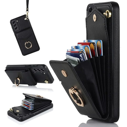 For Samsung Galaxy S21 FE 5G Cover Accordion Card Bag Ring Kickstand Drop-proof Cell Phone Case