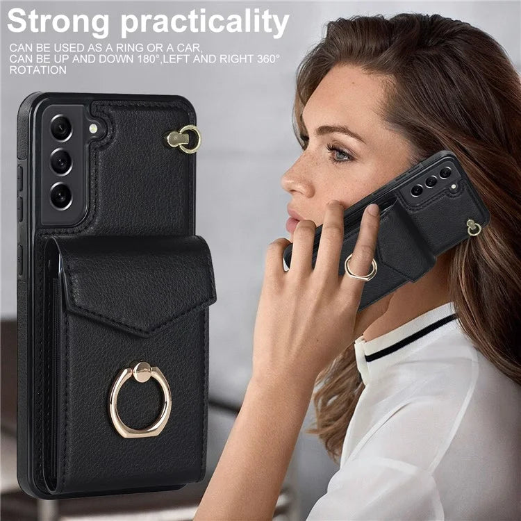 For Samsung Galaxy S21 FE 5G Cover Accordion Card Bag Ring Kickstand Drop-proof Cell Phone Case