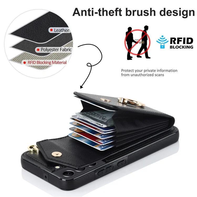 For Samsung Galaxy S21 FE 5G Cover Accordion Card Bag Ring Kickstand Drop-proof Cell Phone Case