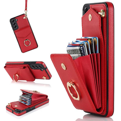 For Samsung Galaxy S21 FE 5G Cover Accordion Card Bag Ring Kickstand Drop-proof Cell Phone Case