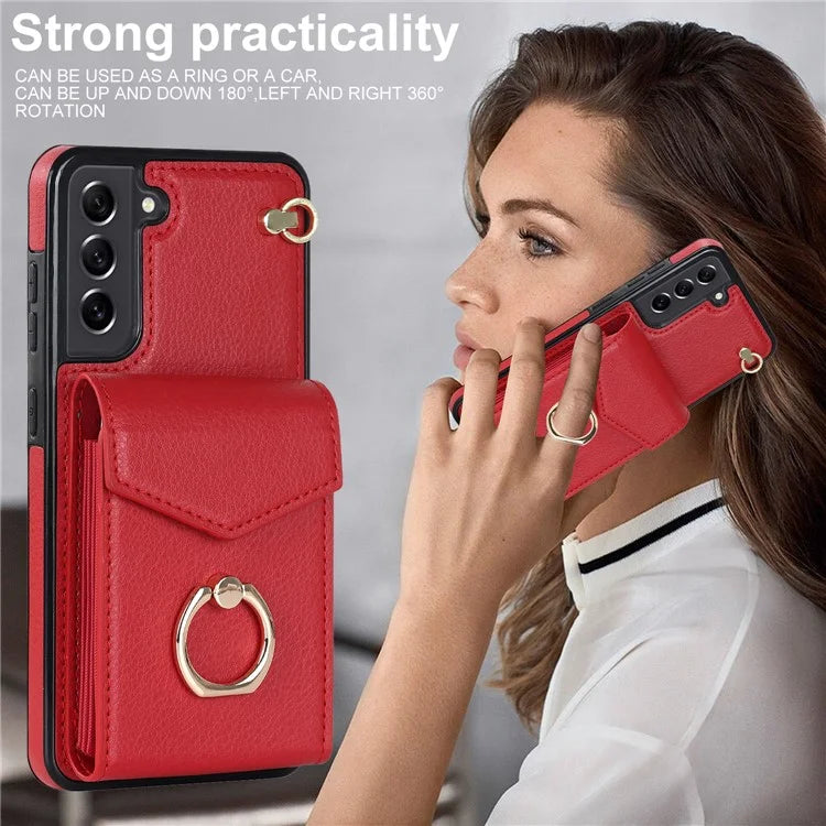 For Samsung Galaxy S21 FE 5G Cover Accordion Card Bag Ring Kickstand Drop-proof Cell Phone Case