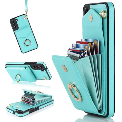 For Samsung Galaxy S21 FE 5G Cover Accordion Card Bag Ring Kickstand Drop-proof Cell Phone Case