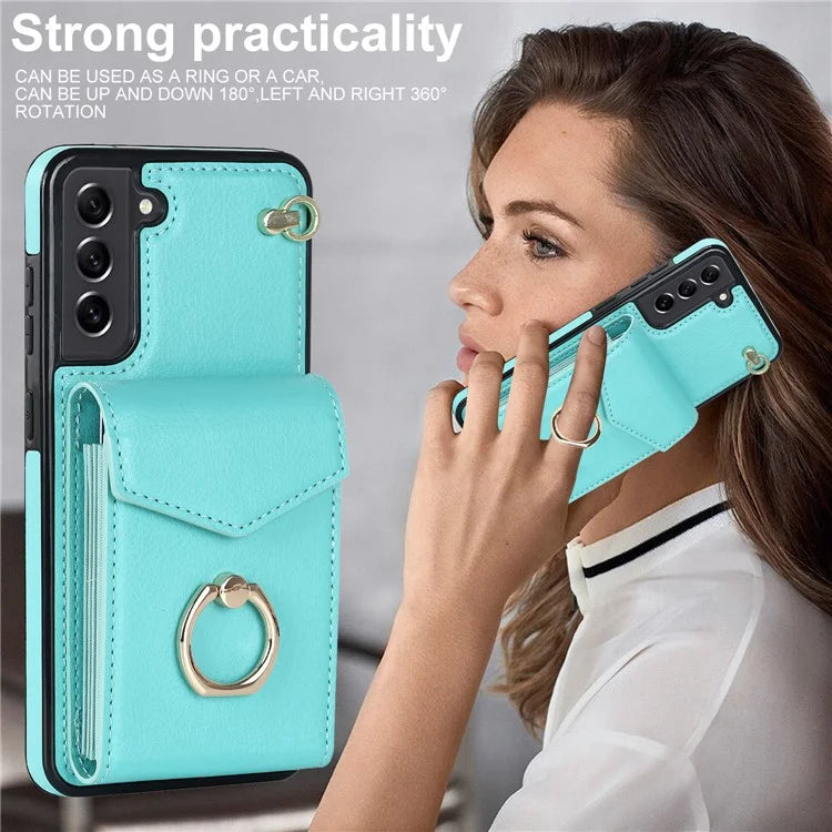 For Samsung Galaxy S21 FE 5G Cover Accordion Card Bag Ring Kickstand Drop-proof Cell Phone Case