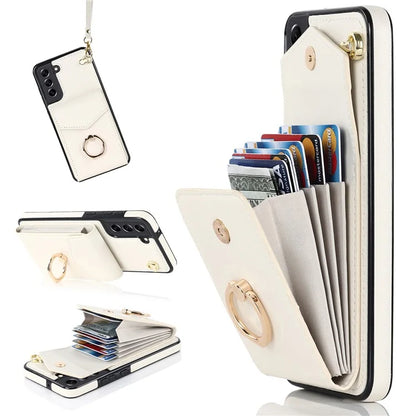 For Samsung Galaxy S21 FE 5G Cover Accordion Card Bag Ring Kickstand Drop-proof Cell Phone Case