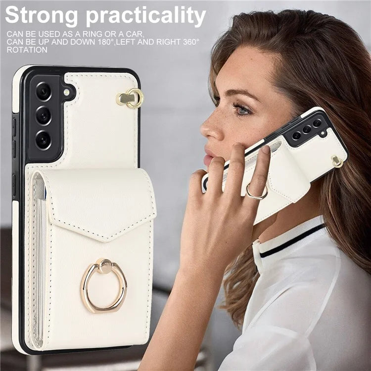 For Samsung Galaxy S21 FE 5G Cover Accordion Card Bag Ring Kickstand Drop-proof Cell Phone Case