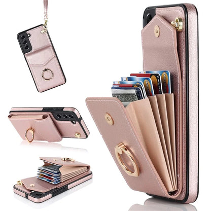For Samsung Galaxy S21 FE 5G Cover Accordion Card Bag Ring Kickstand Drop-proof Cell Phone Case