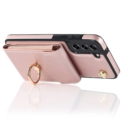 For Samsung Galaxy S21 FE 5G Cover Accordion Card Bag Ring Kickstand Drop-proof Cell Phone Case