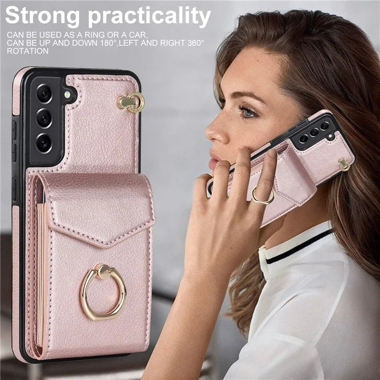 For Samsung Galaxy S21 FE 5G Cover Accordion Card Bag Ring Kickstand Drop-proof Cell Phone Case