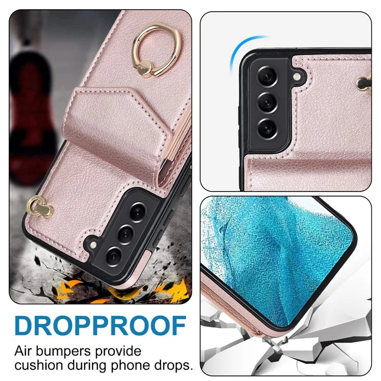For Samsung Galaxy S21 FE 5G Cover Accordion Card Bag Ring Kickstand Drop-proof Cell Phone Case