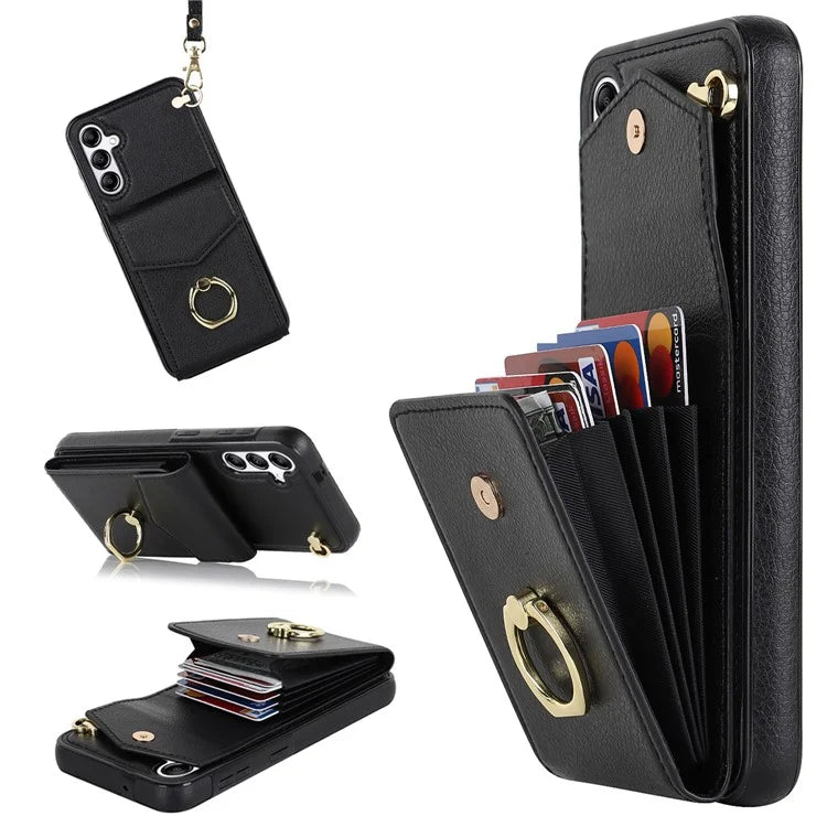 For Samsung Galaxy A54 5G Cover Accordion Card Bag Rotating Ring Kickstand PU+TPU Cell Phone Case